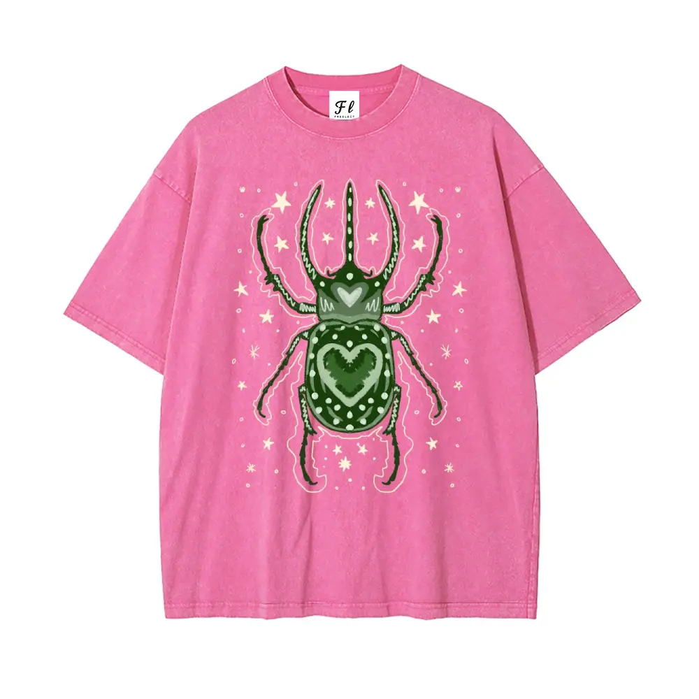 Green Heart Beetle Oversize Unisex Washed T-Shirt for Women and Men's Unisex Fit Batik Cotton Oversize Streetwear Menswear  Super Soft Pre-Shrunk