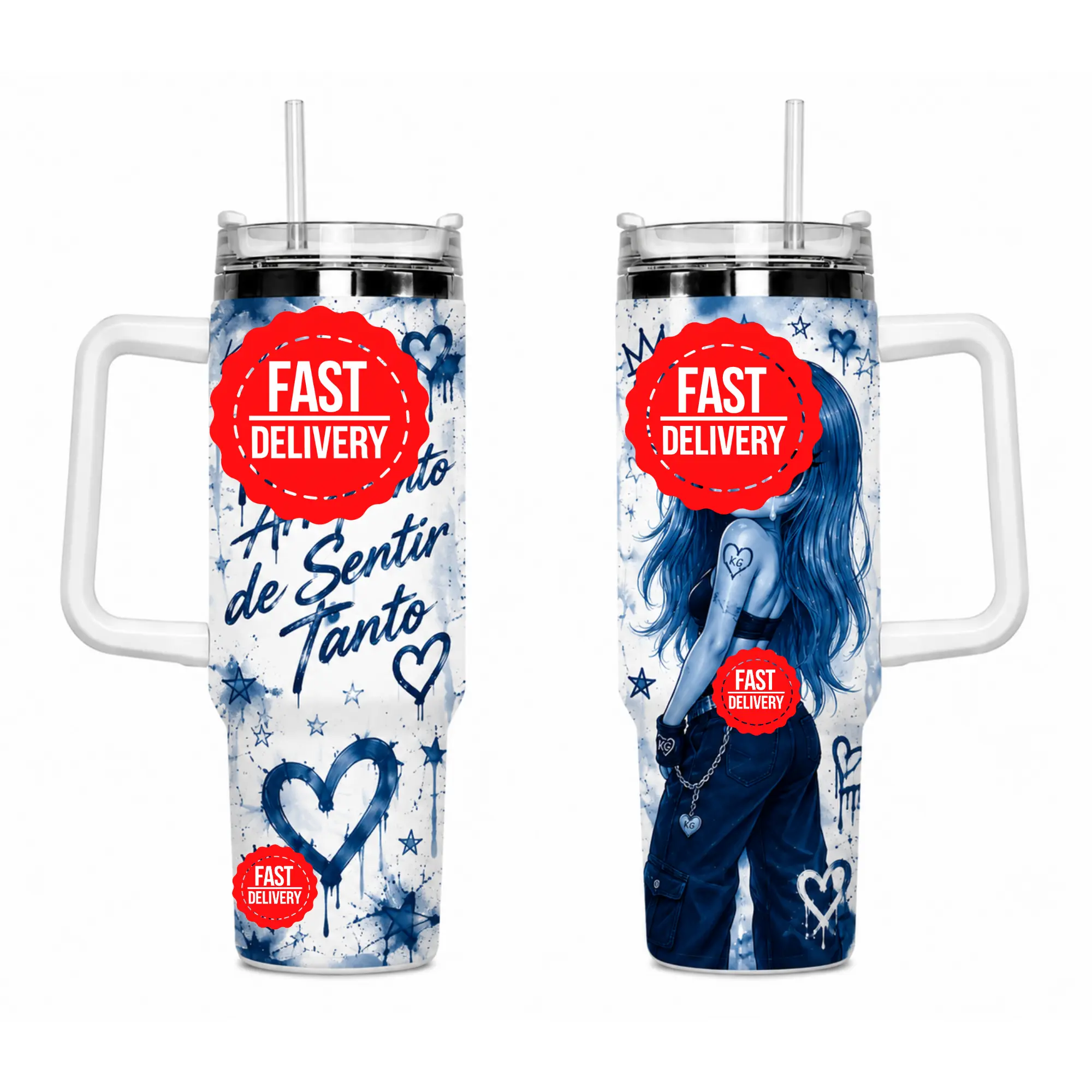 Pink & Blue Urban Girl 40oz Tumbler with Handle, Graffiti Heart Travel Cup, Cute Street Art Insulated Tumbler, Gift for Her