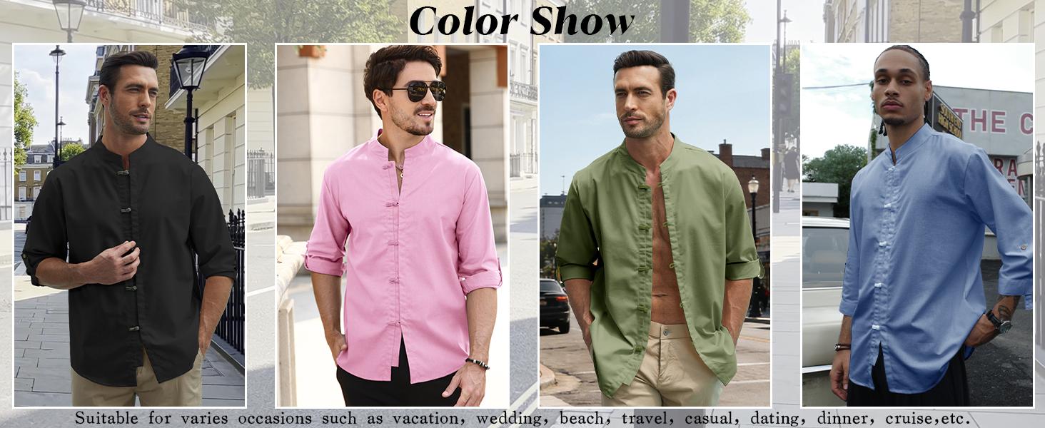 Zaitun Men's Linen Shirt Casual Buttons Down Roll-Up Sleeve Shirt Summer Zen Style T-shirts Kongfu Shirt Karate Shirt