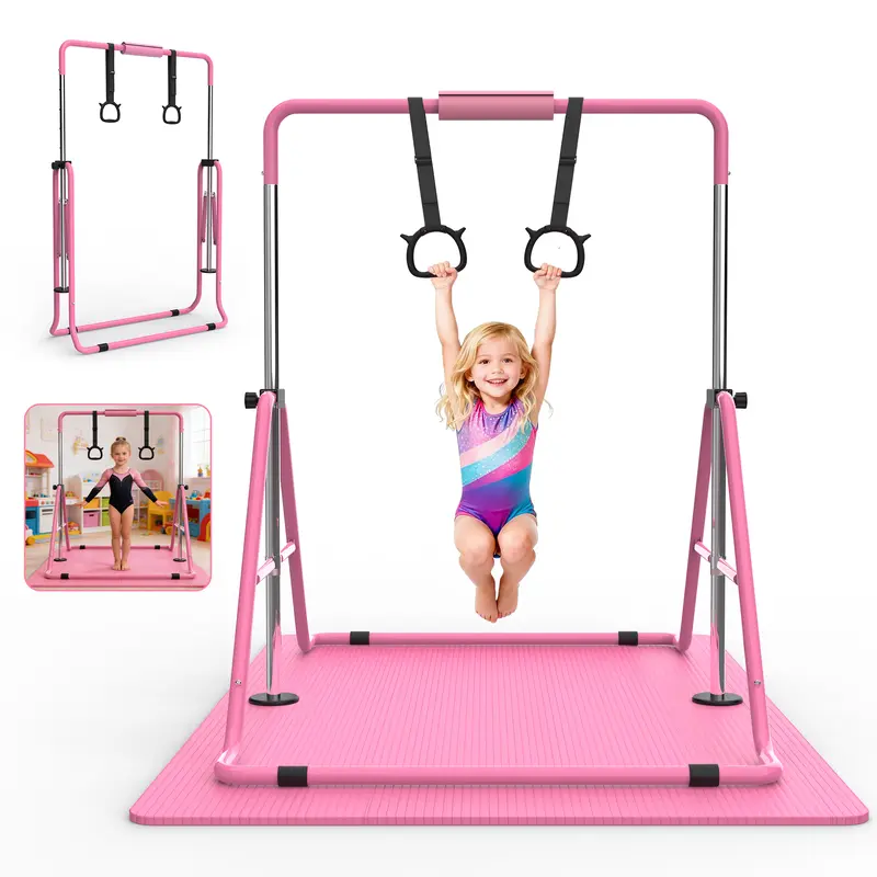 【SAVEYOUR】Expandable Gymnastics Bar for Kids, Folding Horizontal Training Bar & Mat for Home Use,Max 140 lbs Capacity, Indoor & Outdoor Practice