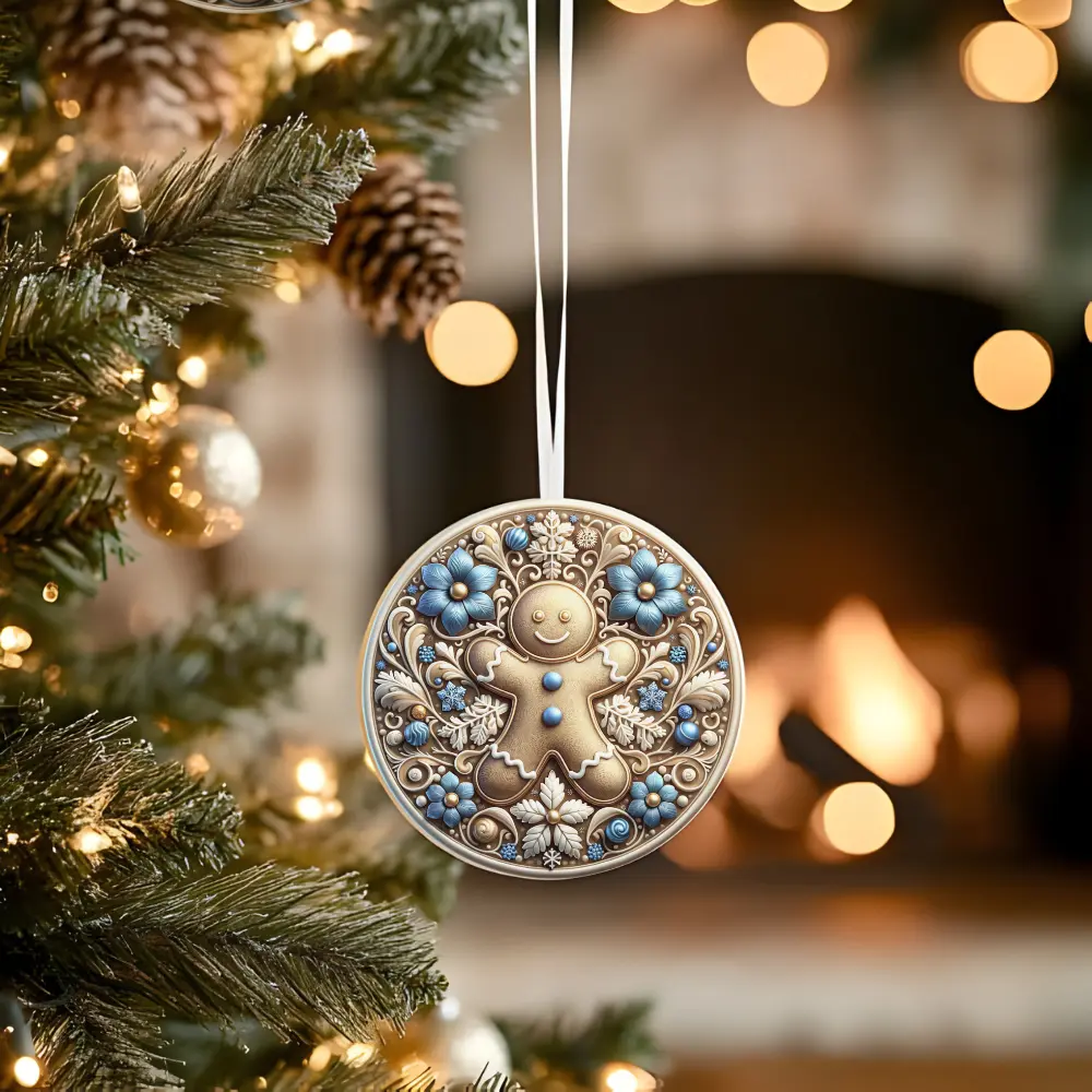 Gingerbread Man Ceramic Ornament - Classic Circle Shape, Smooth, Glossy Finish, Lightweight, Durable Christmas Festive Home Decor, Decorative Family Gift with Gift Tags, Gold Hanging String