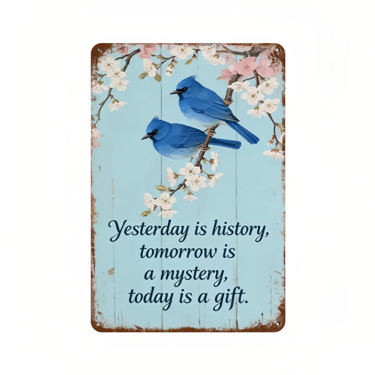 Retro Vintage Distressed Iron Metal Tin Sign - Blue Jay Birds, Floral Cherry Blossom, Light Blue Wood, Inspirational Quote Wall Plaque - Shabby Chic Farmhouse Decor, Room Decor - Gift Tin Home Signs for Bird Lovers