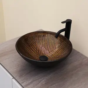 Lordear 16" Glass Bathroom Vessel Sink Vanity Countertop Round Bowl with Black Pop up Drain Set,Glass Art Basin,Dark Brown