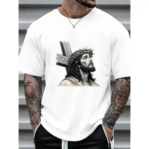 Striking Men's T - Shirt with Detailed Jesus Portrait Wearing Crown of Thorns and Carrying Cross