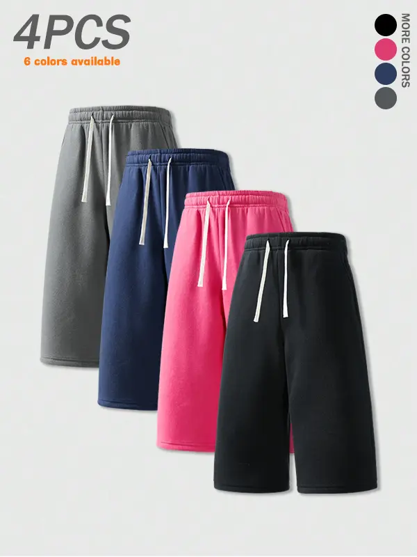 Pack of 4: summer men’s casual shorts, seven-eighths length; simple solid color, versatile drawstring elastic waistband; street-style everyday casual loose athletic fitness men’s shorts.summervibes