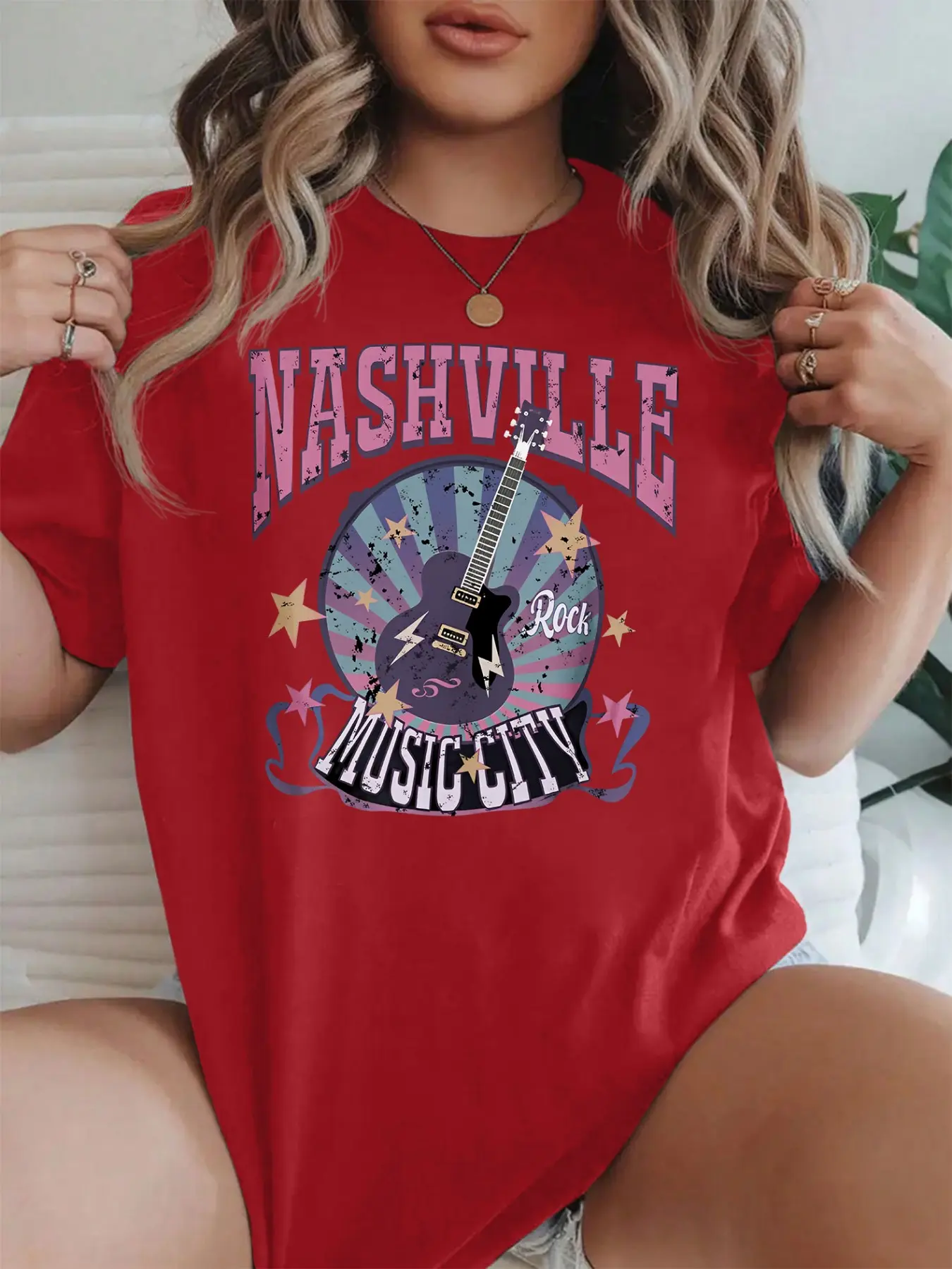 Women's Casual Short Sleeve Crew Neck Fitted Cotton T-Shirt - Nashville Pink Purple Guitar Print, Multiple Colors, Machine Washable, Spring/Summer Top, Soft Skin-Friendly Fabric, Daily Wear, Fashion Design