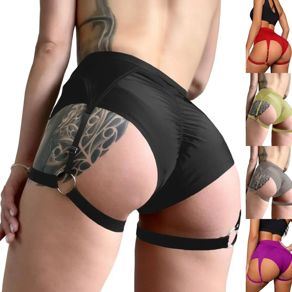 Danedvi Women's High-Waisted Cheeky Compression Biker Shorts - Polyamide Blend, Garter-Accented, Above-Knee Athletic Bottoms with Cutout Back, Control Waistband, Butt Lifting, Sculpting Booty Shorts for Gym, Running, Biker Shorts Women