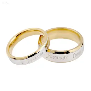 Minimalist Forever Love Couple Rings, Two-Tone Engraved Promise Band, Matching His & Hers Jewelry for Anniversary & Wedding