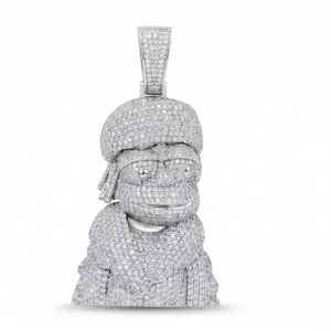 Men's Bling Rhinestone 3D Cartoon Figure Pendant Necklace, Silver Tone Iced Out Streetwear Mascot Charm With Winter Coat And Dreads, Full CZ Cubic Zirconia Paved Hip Hop Jewelry Accessory For Rappers With Standard 4mm Twisted Rope Chain Gift