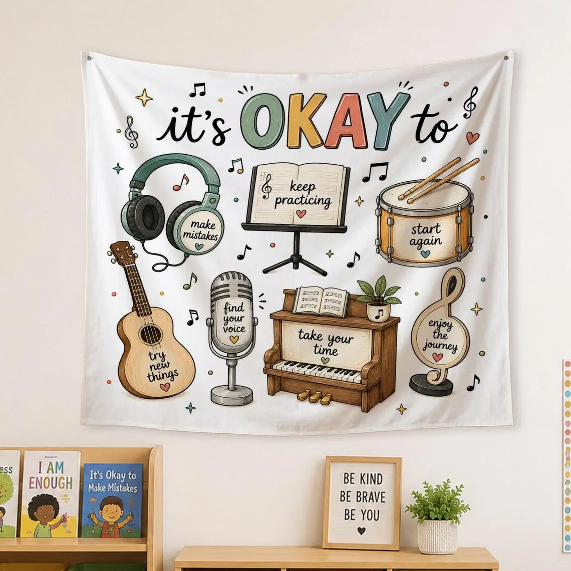 Music Classroom Tapestry, It's Okay to Learn Music Banner, Music Teacher Wall Decor, Band Choir Classroom Poster Gift
