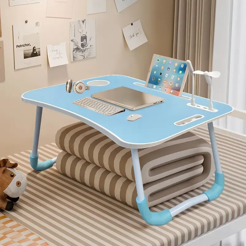 Multi-functional ergonomic folding tray table with cup holders, drawers and lamp - great for bed, sofa or floor, sturdy wood construction, space-saving design, great for reading, writing and eating