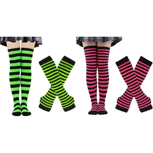 4 Pairs Womens Striped Arm Warmers Goth Y2K Knitted Fingerless Gloves with Long Knee High Socks Set