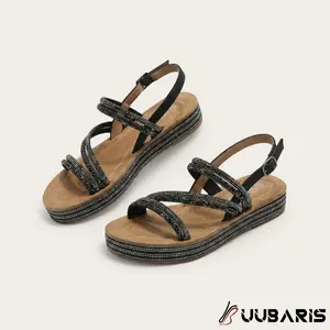 UUBARIS Glitter Rhinestone Platform Sandals - Strappy Open Toe Flatforms for Summer Outings