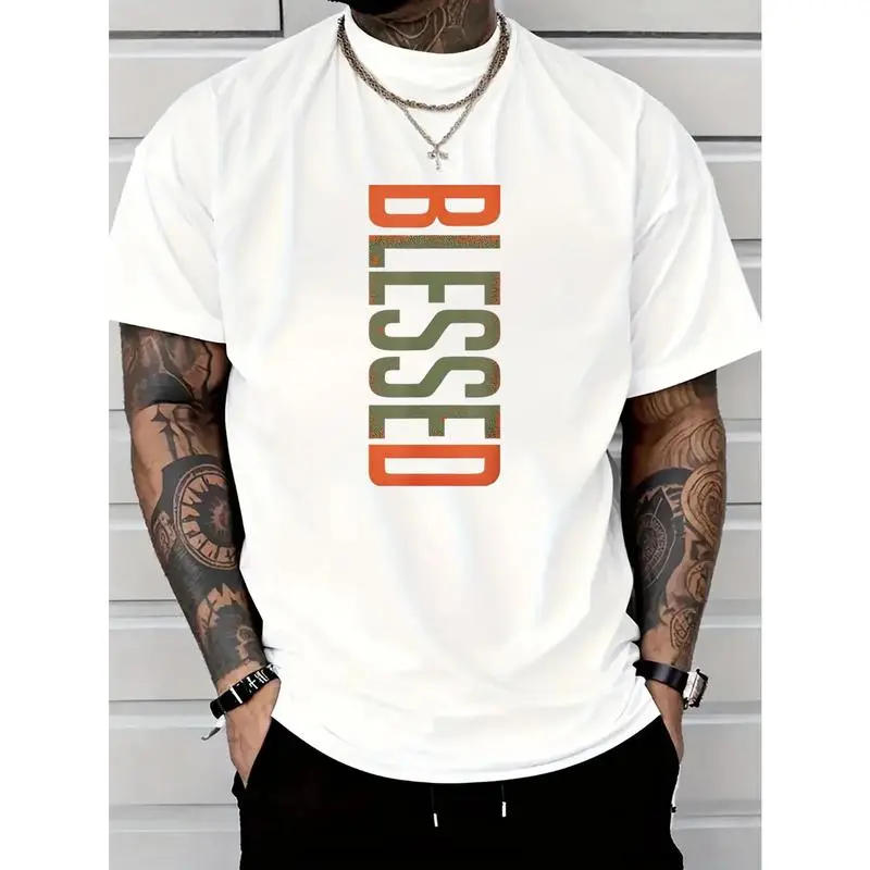 Men's "Blessing" pattern cotton T-shirt casual and comfortable, short sleeves, crew neck, suitable for daily wear and outdoor activities Fathersdaygift Streetwear men gifts graphic t-shirts chromakopia tour outfits ivan cornejo merch graphic tee