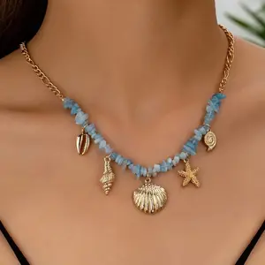 Summer Beach Style Imitation Crystal Beaded Necklace with Seashell Starfish Pendant, Heart Tassel Choker for Vacation Parties