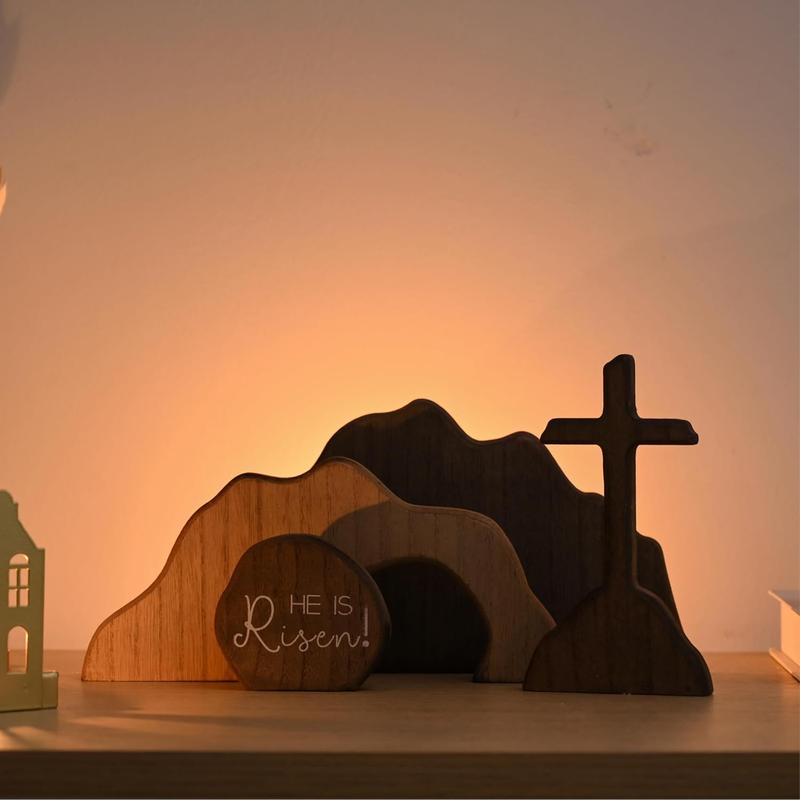 Empty Tomb Wooden Easter Resurrection Scene for Tiered Tray, Jesus Nativity Scene Decor for Religious Decorations, Home Office Tabletop, Shelf Decor