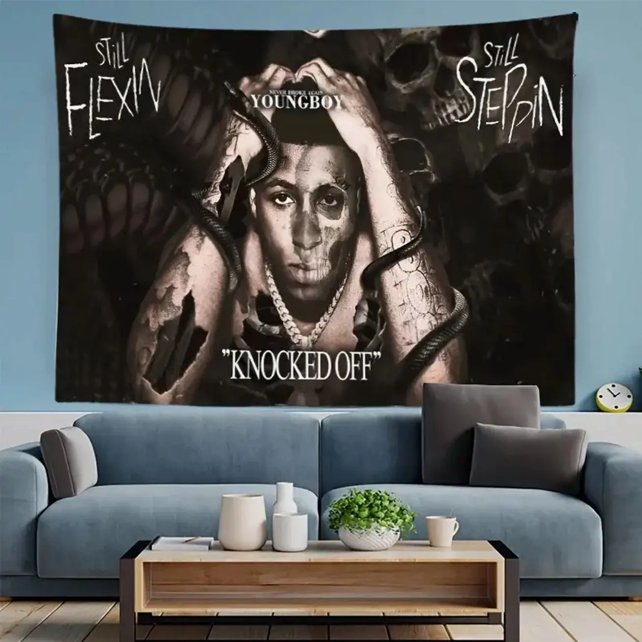 Edgy Hip-Hop Tapestry Featuring YoungBoy Never Broke Again with a Bold "Still Flexin, Still Steppin, Knocked Off" Design