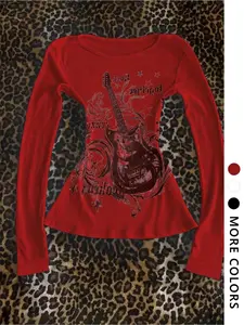 Women's Casual Street Style Long Sleeve T-Shirt with Guitar Graphic Print, Fitted Design for All Seasons, Trendy Everyday Commuter Tee for Spring & Fall