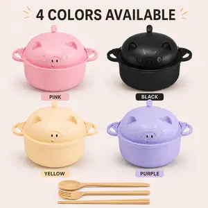 45oz Cute Pig Ramen Bowl Set, Microwave Safe Wheat Straw Noodle Cooker with Strainer, Lid, Spoon, Fork and Chopsticks, Large Capacity Bowl for Dorm, Office, Apartment and Home