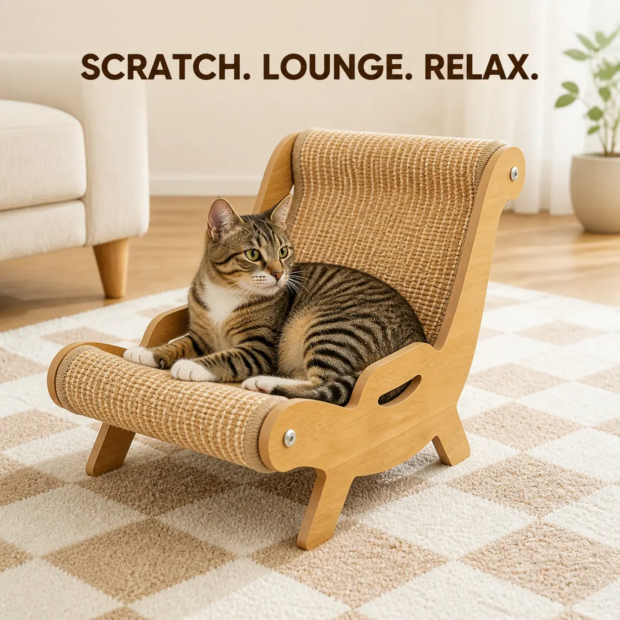 C-Shaped Sisal Cat Scratcher Lounge, Curved Cat  and Scratch Pad, Raised Wood-Look Frame, Indoor Resting and Claw Care Furniture for Kittens and Adult Cats, Modern Pet Room Accessory wooden bed