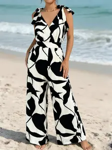 Women's Fashion Comfortable Casual Zebra Print V-Neck Backless Sleeveless Jumpsuit, Vintage French Style Slimming Cover-Up, Womenswear