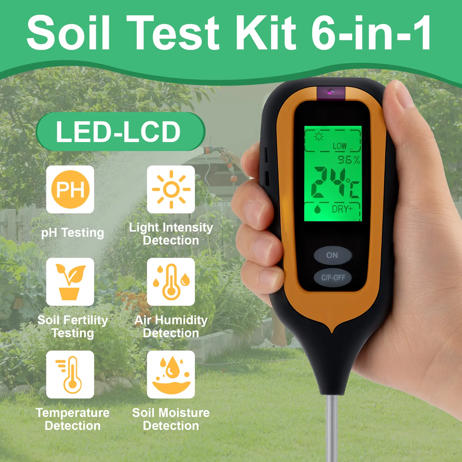6-in-1 Soil Moisture Meter with LCD Display Instant PH, Light, Temperature & Nutrients Tester for Indoor/Outdoor Plants | Easy-Read Grading System