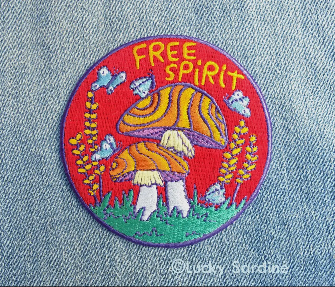 Free Spirit Hippie Mushroom, Retro Embroidered Iron-On Patch