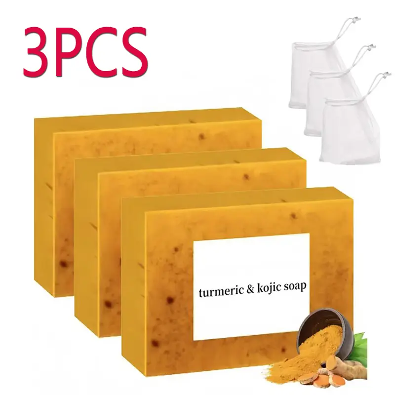 3PCS Turmeric & Kojic Acid Brightening Soap, Kojic Acid Soap, Soap Body Care Body Wash Lemon Flawless Organic javon curcumaykojic nurture Skincare Cle