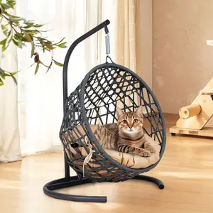 Hanging Cat Swing Chair with Cushion, Rattan Wicker Egg-Shaped Pet Bed, Indoor Swing for Cats, Small Dogs, Small Animals, with Stand