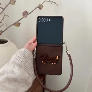 Korean Cute Dachshund Moon Pit Pattern Brown Phone Case with Leather Rope for Samsung Galaxy Z Flip7 Flip7fe Flip6 ZFlip5 Cover