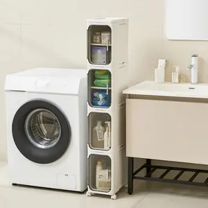 1-4-Tier, multiple layerTall Narrow Storage Cabinet with Wheels & Doors, Slim Plastic Organizer with Adjustable Shelves, Foldable Skinny Cabinet for Small Spaces, Bathroom, Kitchen, Laundry