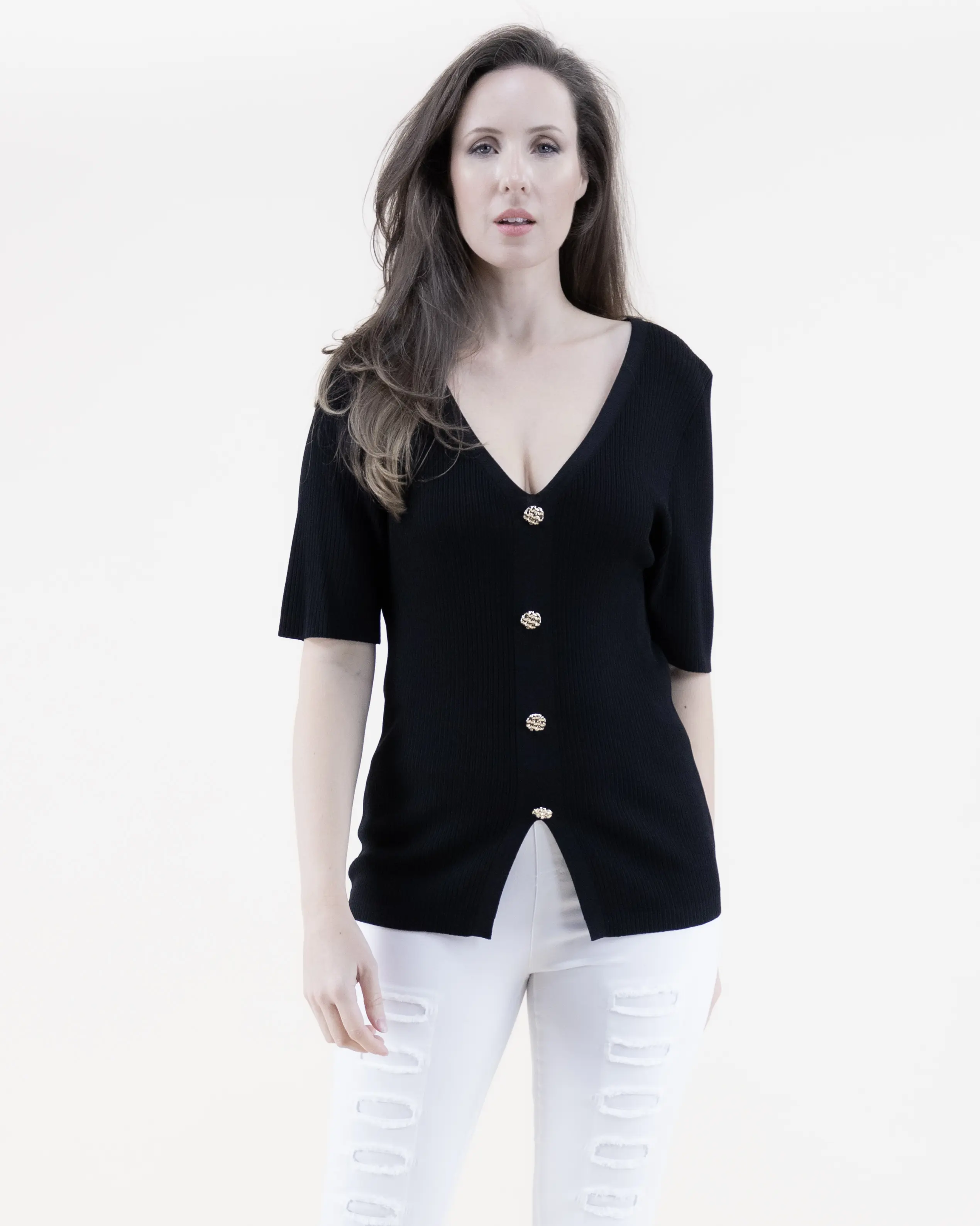 Neutral V-Neck Short Sleeve Faux Button Front Thin Ribbed Knit Blouse Shirts Top Womenswear Basic