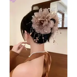 Feather Beaded Fringe Peony Claw Clip, Puffy Flower Shark Hair Claw, Elegant Floral Headpiece, Trendy Decorative Hair Accessories for Party, Wedding & Daily Styling