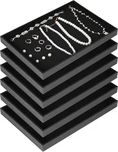 6 Pcs Velvet Stackable Jewelry Tray Showcase Display, Jewelry Organizer Trays for Drawers and Countertop, Black Empty Plates for Necklace, Ring, Bracelet, and Earring Storage Display
