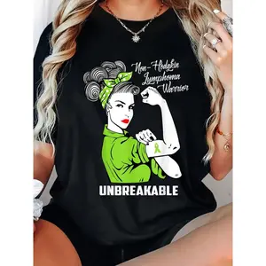 Empowering 180g Black Cotton Crew Neck Short Sleeve T-Shirt for Women - Unique Graphic Print "Non-Hodgkin Lymphoma Warrior" Design - Unbreakable Inspirational Tee with Comfortable Fit, Ideal for Spreading Awareness and Strength in Style