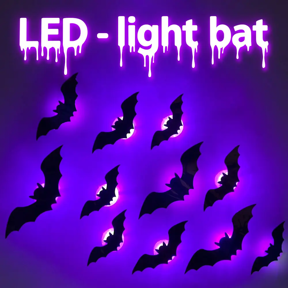 Halloween-themed party window display, wall decoration with 3D LED purple bat and green spider lights