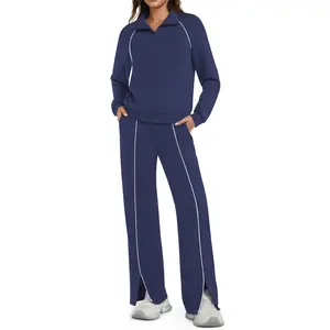 Casly Lamiit Women's 2-Piece Mock Neck Long Sleeve Zip-Up Shirt & Striped Wide Leg Pants Sweatsuit Set, Soft Breathable Activewear Running, Athletic Activewear Tracksuits, Casual Gym Wear for Travel