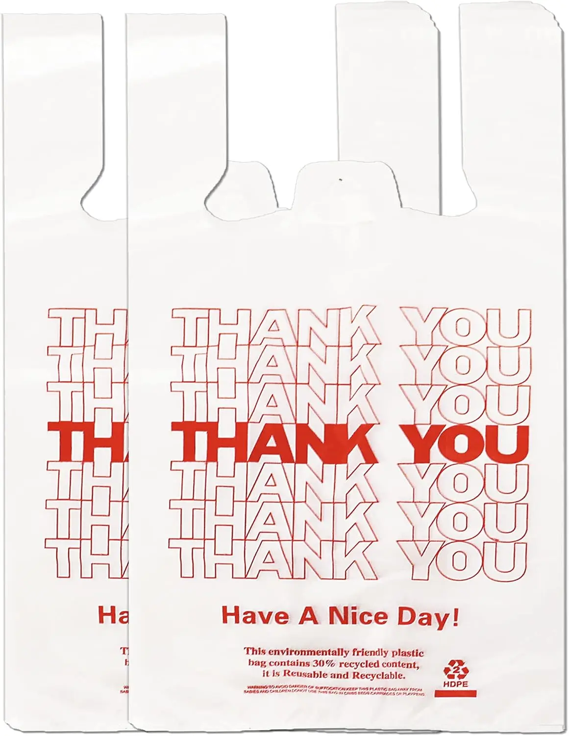100 Count White Thank You T-Shirt Bags, 11 x 6 x 21 in | Durable HDPE with handles, Thank You print, disposable carryout sacks for grocery, retail and takeout