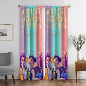 2 Pieces K-Pop Style Girl Group Pattern Curtains, Semi-Transparent Polyester Fabric, Rod Pocket Design, Indoor Decor