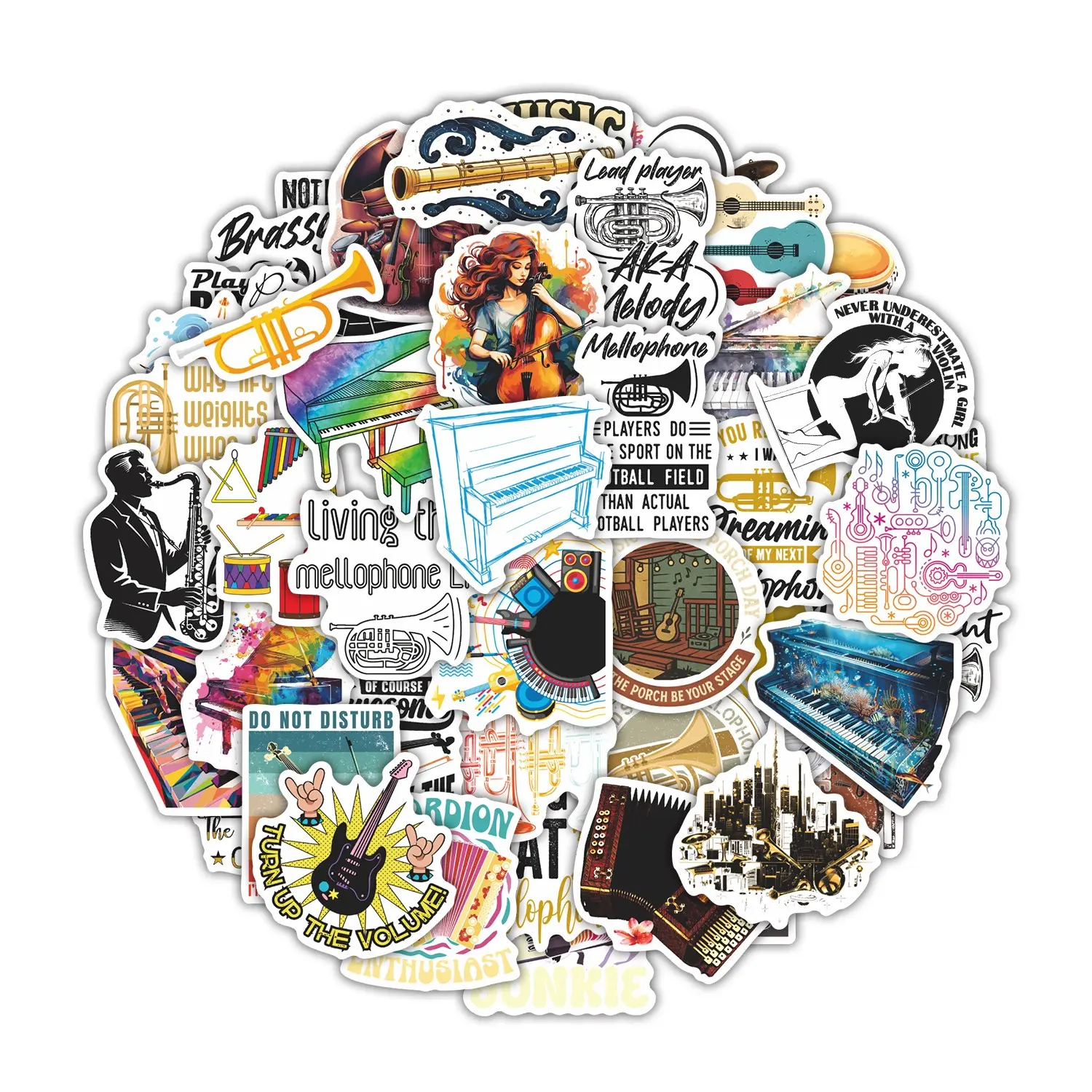 50Pcs Music Instrument Stickers Pack, Waterproof Vintage Jazz & Classical Music Vinyl Decals for Laptop, Water Bottle, Journal & Scrapbook, Music Lover Gift