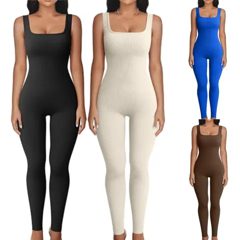 Women Workout Seamless Jumpsuit Yoga Ribbed Bodycon One Piece Square Neck Leggings Romper summer clothes