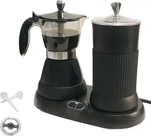 Espresso Maker with Milk Frother Electric Moka Pot 2-in-1 Espress Machine Aluminium One-Touch Operation Milk Froth Fine and Dense Black 110V