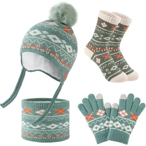 L-AN001   4 Pcs Kids Winter Beanie Hat Gloves Scarf Sock Set Neck Warmer Gaiter Knitted Fleece Lined Thermal Set for Boys Girls