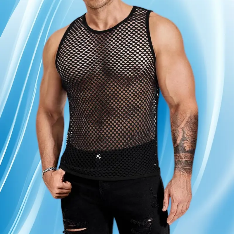 Men's Casual Mesh Tank Tops, See Through Sleeveless Fishnet Shirt, Slim Fitted Muscle Tee for Clubwear & Summer Wear