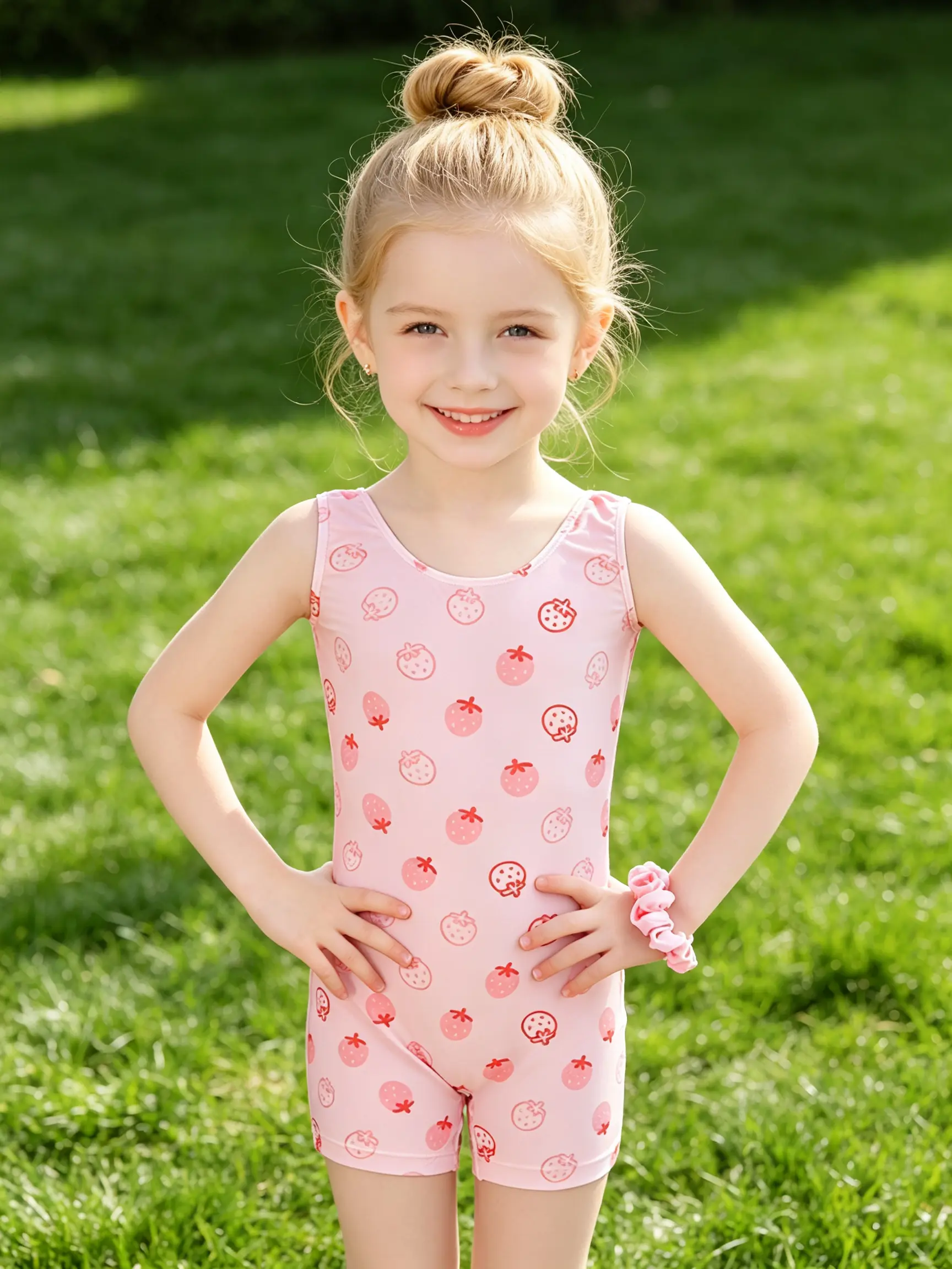 Toddler Girls' Sleeveless Short-Unitard Gymnastics Leotard, Buttery-Soft Stretchy Spandex Dance Bodysuit (3-12Y) with Strawberry, Leopard, Polka-Dot, Bow Prints, Ideal for Ballet Class & Gym Training