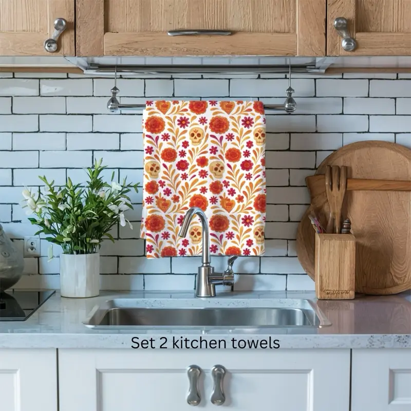 Día de muertos Set of 2 kitchen towel with Talavera, skull, cempasúchil desing.