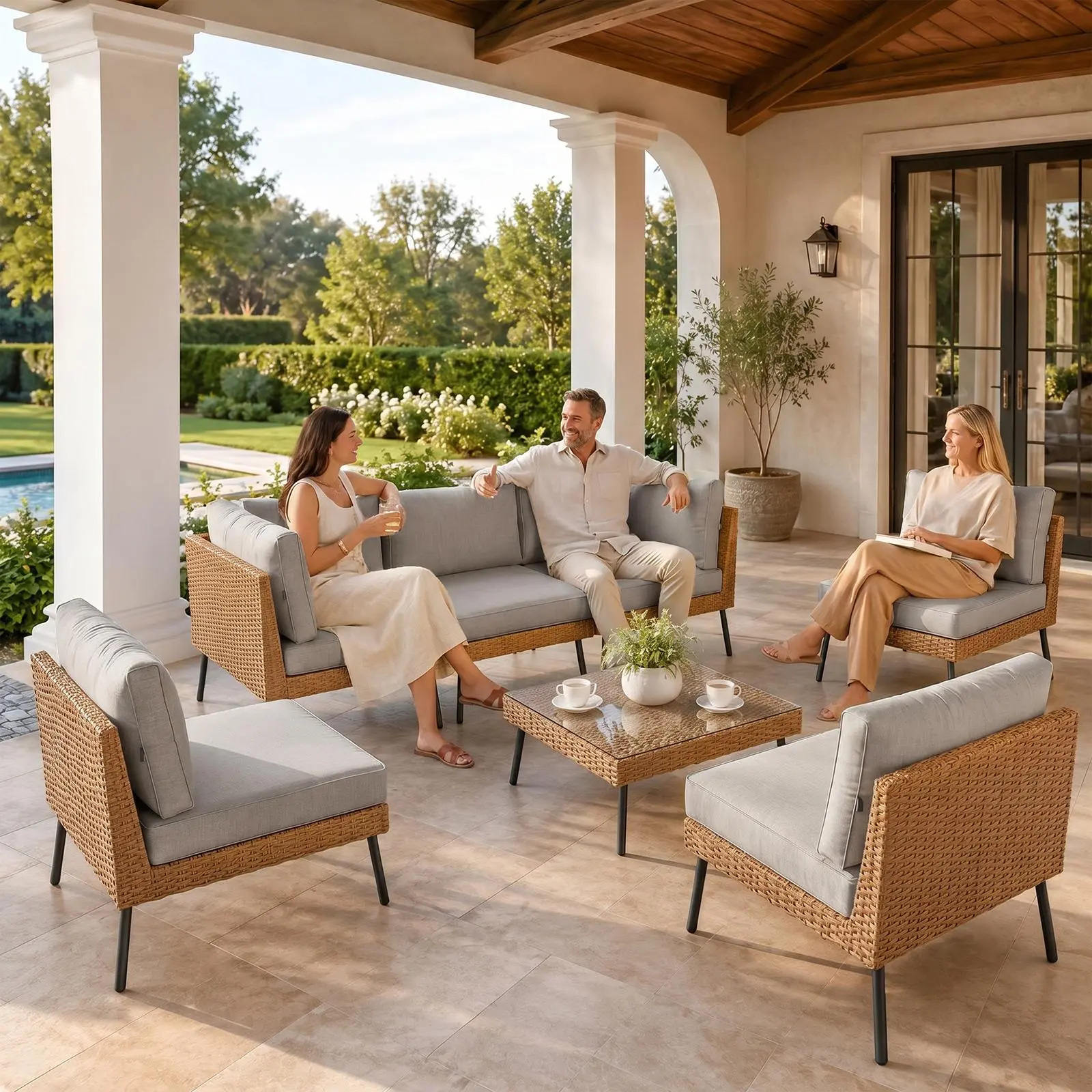 Aoxun Sturdy 7-Piece Beige Wicker Rattan Outdoor Furniture Set, Modular Patio Sectional Sofa with Water-Resistant Thick Sun-Protection Cushions & Coffee Table for Backyard Relaxation, Poolside