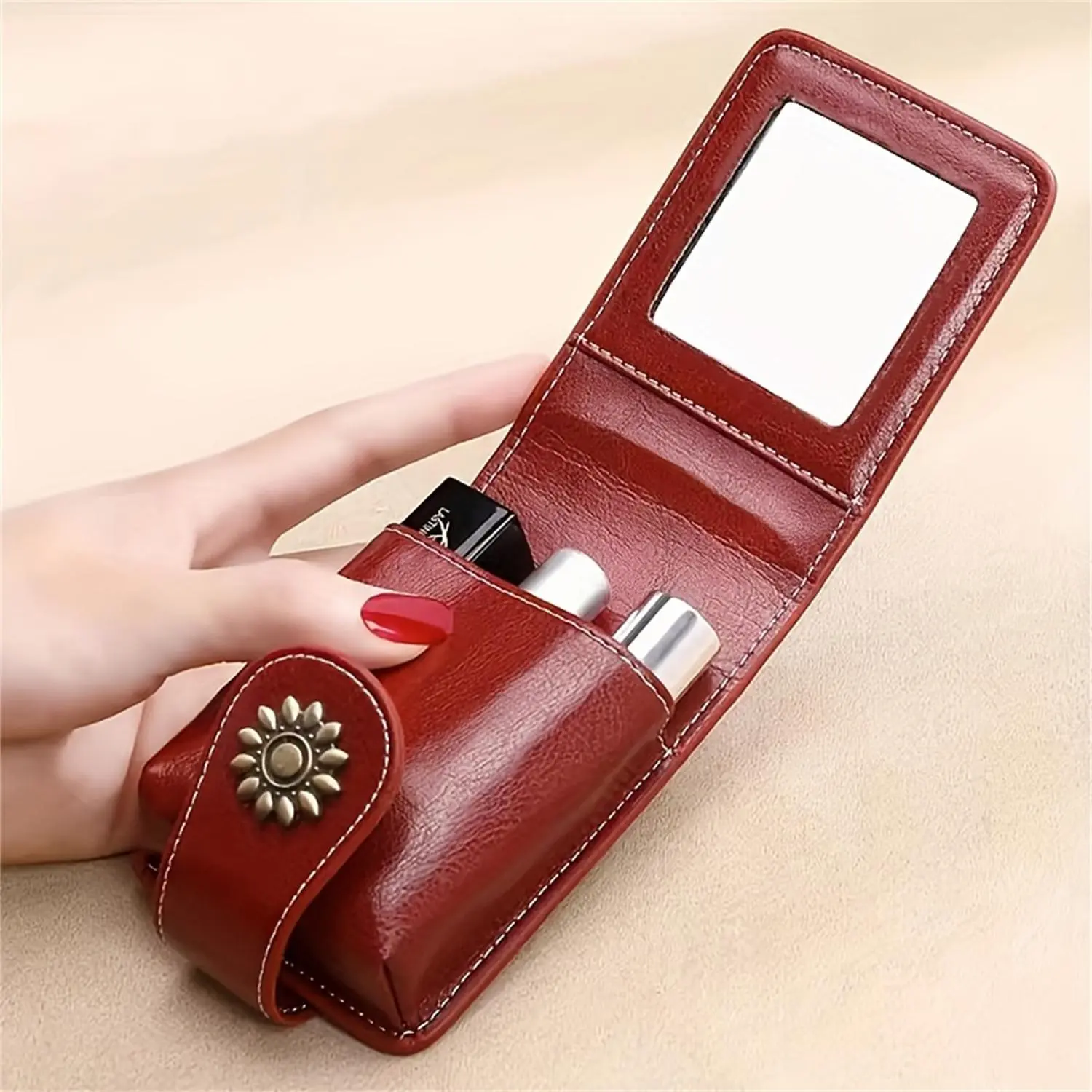 Mini Cosmetic Case with Mirror, 1 Count Elegant Faux Leather Lipstick Bag, Portable Makeup Pouch with Snap Closure, Travel Accessories, Handheld Cosmetic Pouch