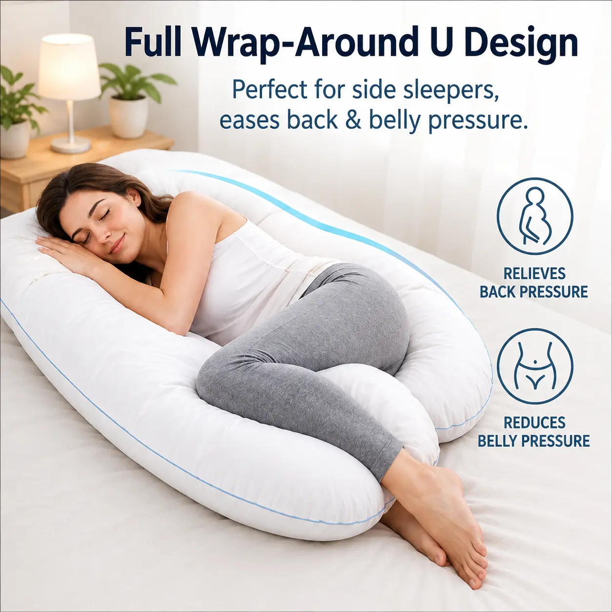 U-Shaped Body Pillow with 100% Premium Cotton Cover, Full Body Support Pillow for Side Sleepers, Adults & Nursing Moms, Soft Maternity Pillow for Back, Belly, Hip & Leg Support, Removable Washable Cover rest bed
