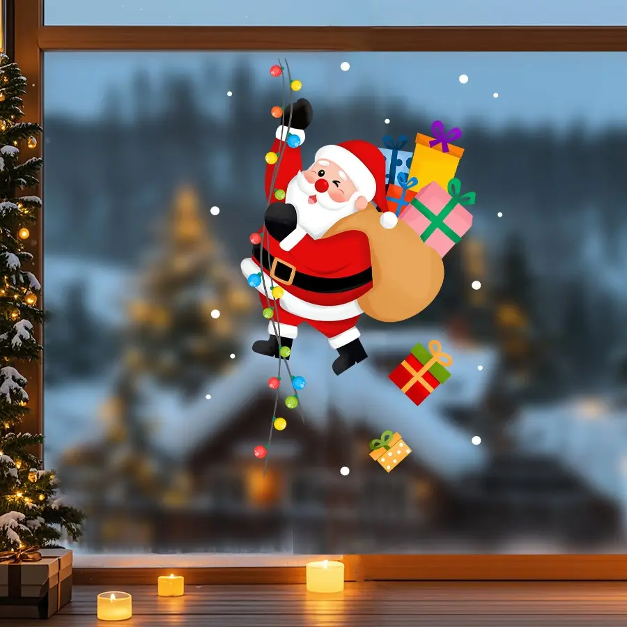 1 piece of 45cm*60cm Christmas decorations window stickers, composed of Santa Claus and scattered gift boxes and snowflakes, PVC electrostatic decals, home tile window glass stickers, shop window glass door stickers.